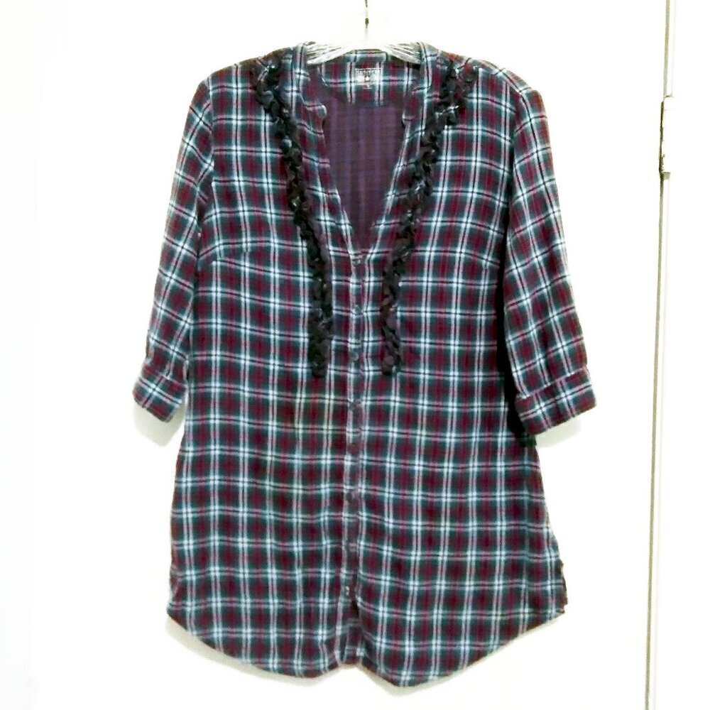 Converse Plaid Burgundy & Teal Flannel V Neck Ruffled Edges 1/2 Sleeve Top SzM